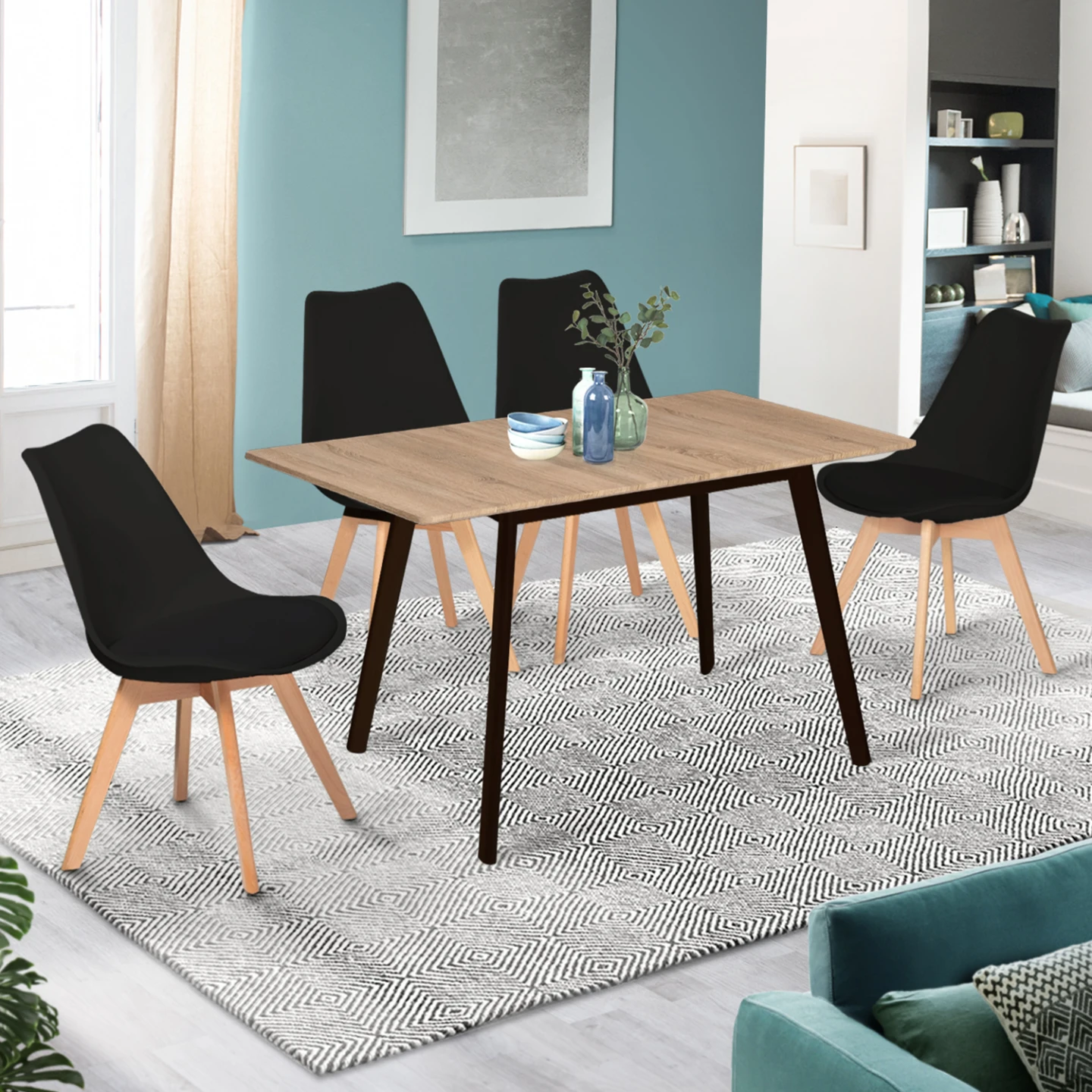 Table scandinave extensible rectangle INGA 4-8 personnes plateau bois pieds noirs 120-160 cm