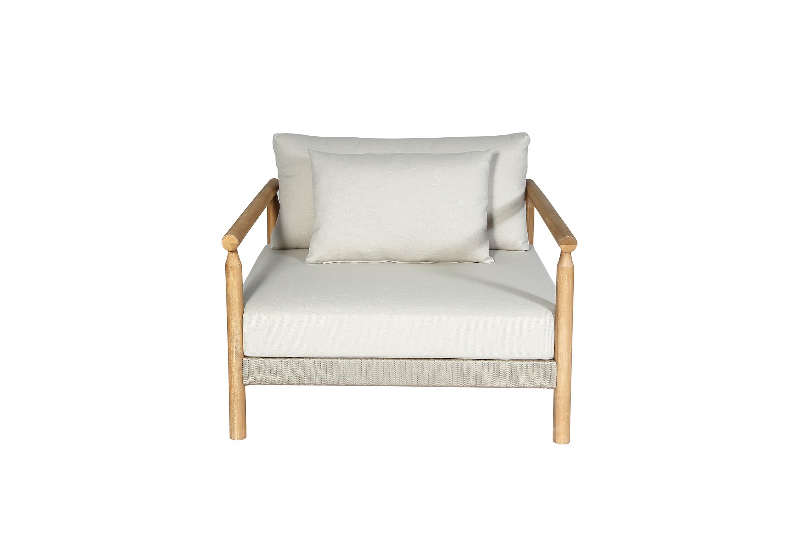 Berga loungestol Hagestol i heltre teakfarget acasie ramme og puter med beige tekstil.