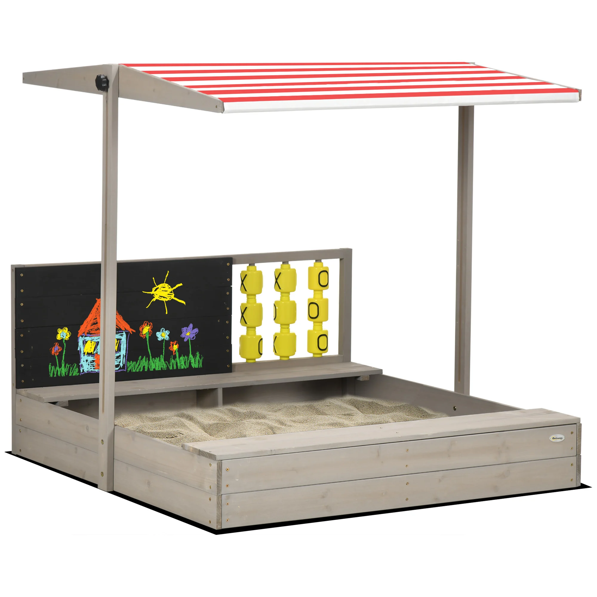 Caixa de areia de madeira Outsunny para crianças de 3 a 7 anos, com cobertura ajustável em tecido não tecido, banco de 2 lugares, quadro-negro e brinquedos para jardim ou pátio, 114 x 113 x 110 cm, cinza.