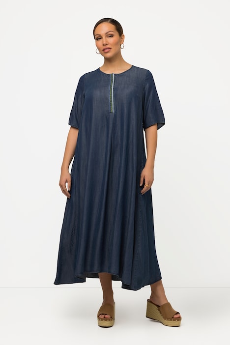 Lyocell-Kleid, Stickerei, A-Linie, Rundhals, Halbarm