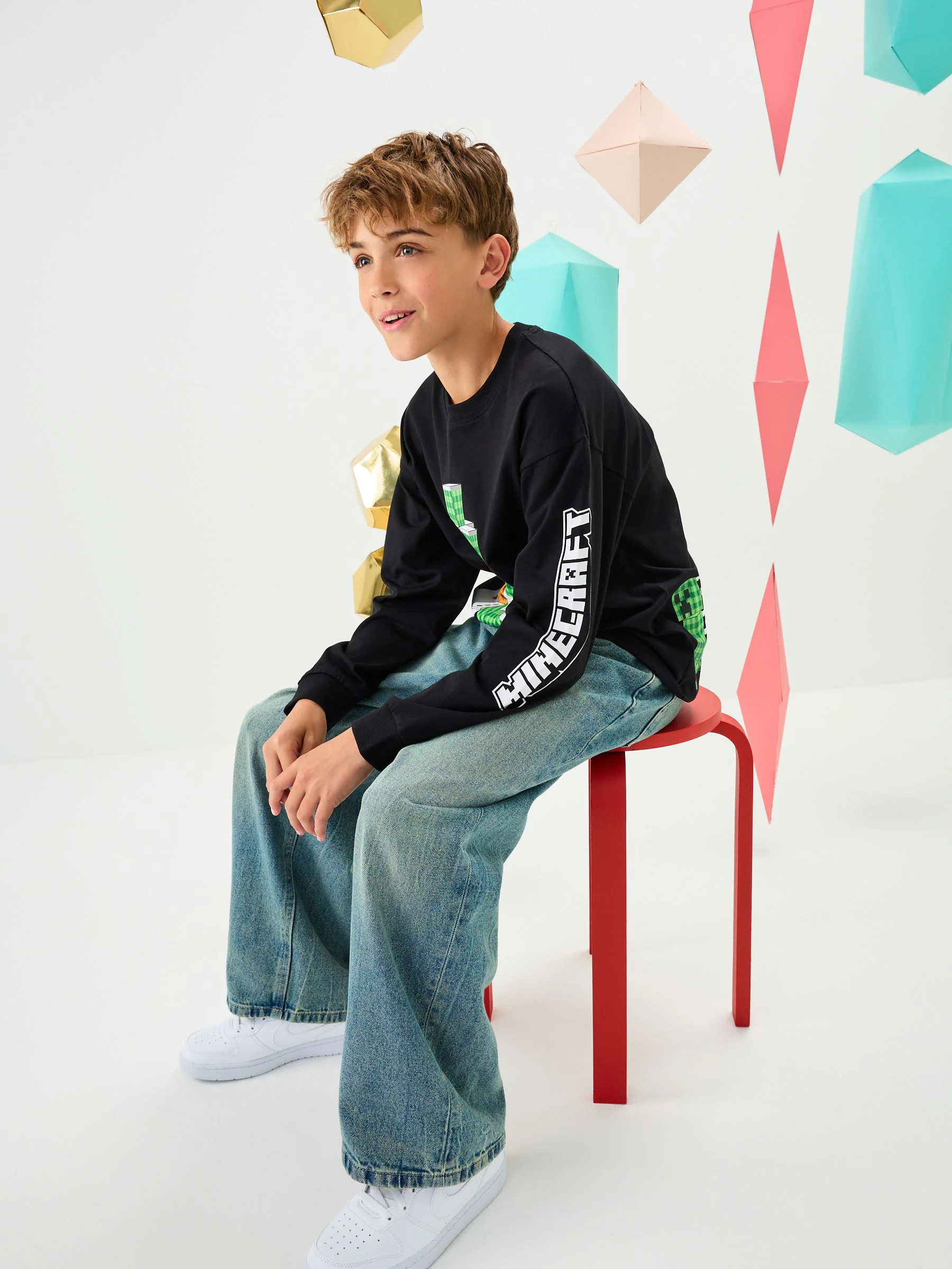 Zwart Minecraft - Kerst-T-shirt met lange mouwen (3-16jr)