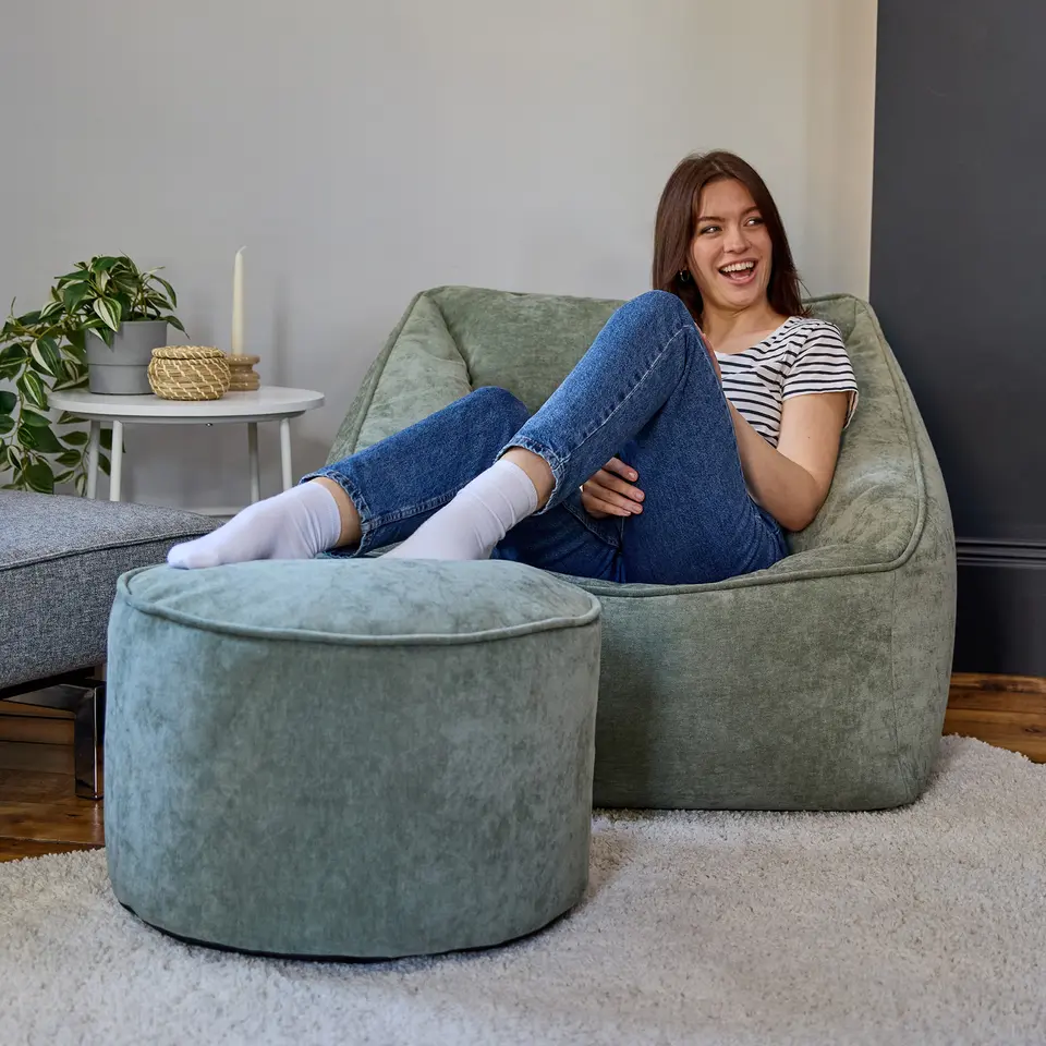 icon Zitzak en XL Poef Natalia - Chenille Zitzak Fauteuil - Saliegroen