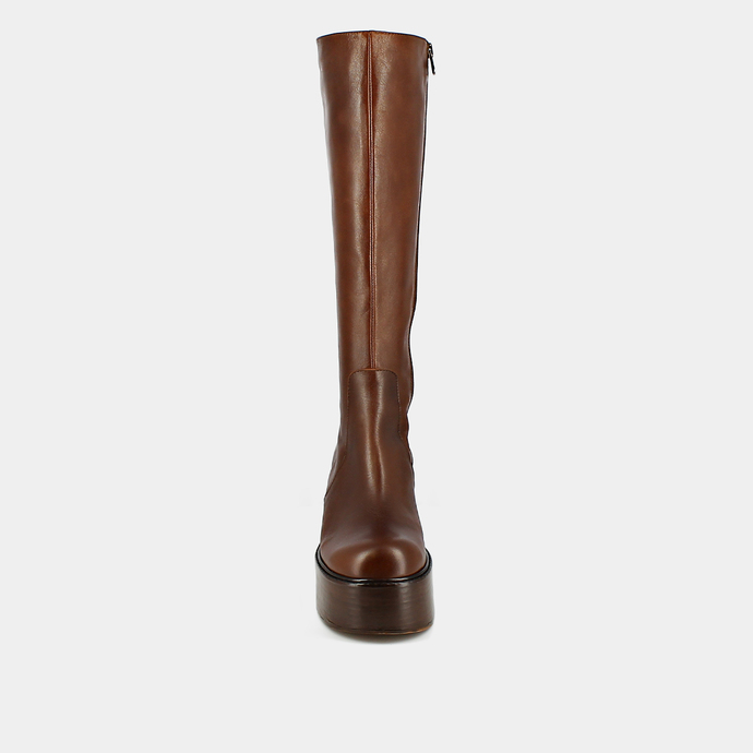 Bottes à plateformes et bouts ronds  en cuir vieilli marron