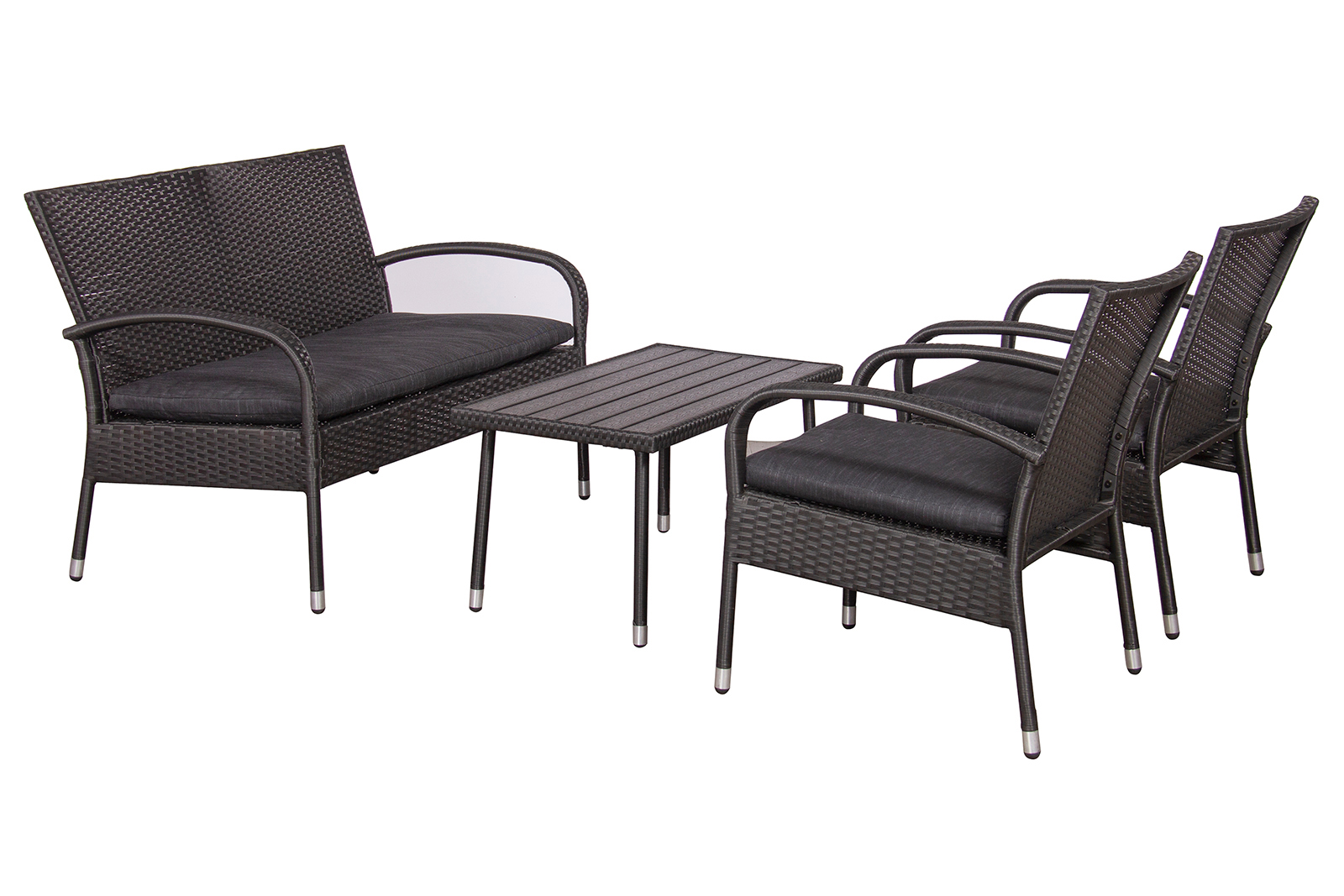 Sardinia utesofagruppe Sofa, to stoler og bord. Sort kunstrotting og grå puter og sort polywood bordplate.