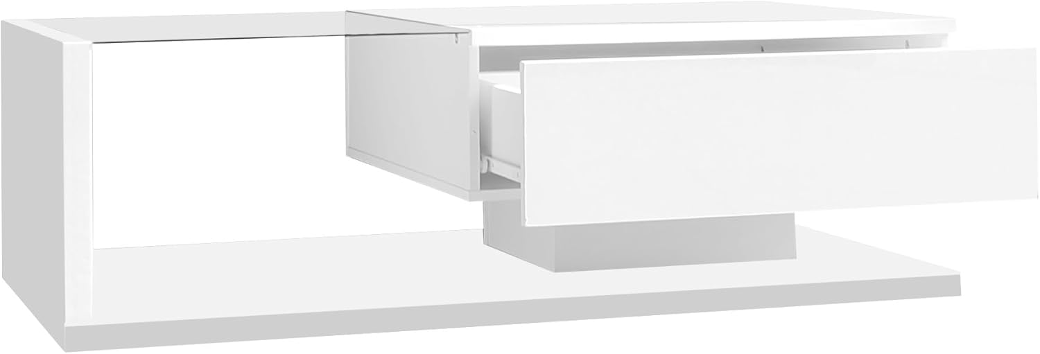 Merax Wohnzimmertisch, LED Couchtisch mit Schubladen, Hochglanz Kaffeetisch mit Stauraum, Modern Coffee Table, 105L x 55B x 32,5H cm, Weiß
