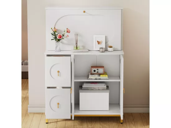 Secrétaire avec 3 porte et 2 tiroirs - MDF et métal - charnières - Blanc - 100x51x150cm