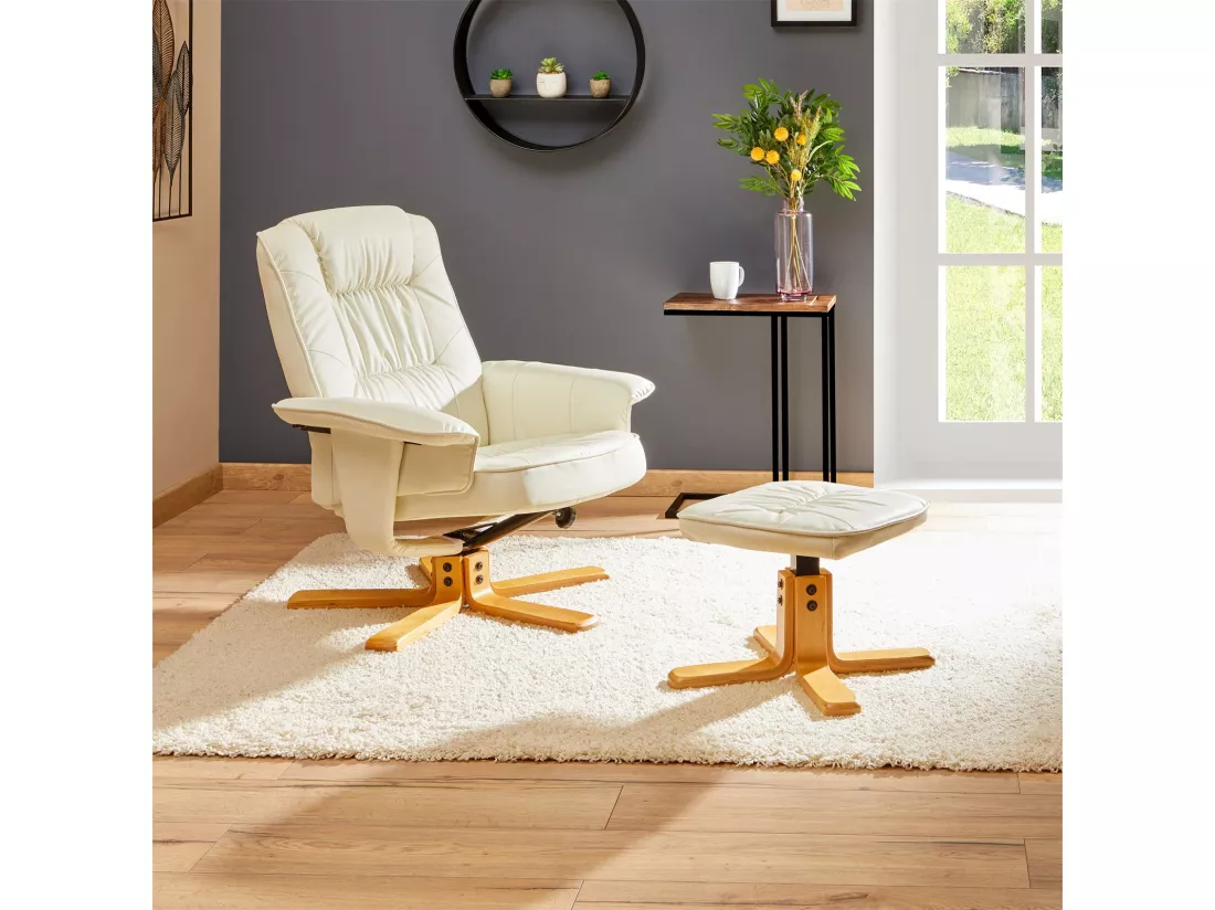 Fauteuil de relaxation CHARLY avec repose-pieds siège pivotant dossier inclinable, en synthétique blanc ivoire