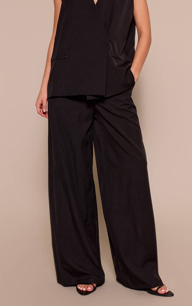 Noir Pantalon Large Taille Mi-haute Plissé En Tissu Tissé Ensemble Coordonné