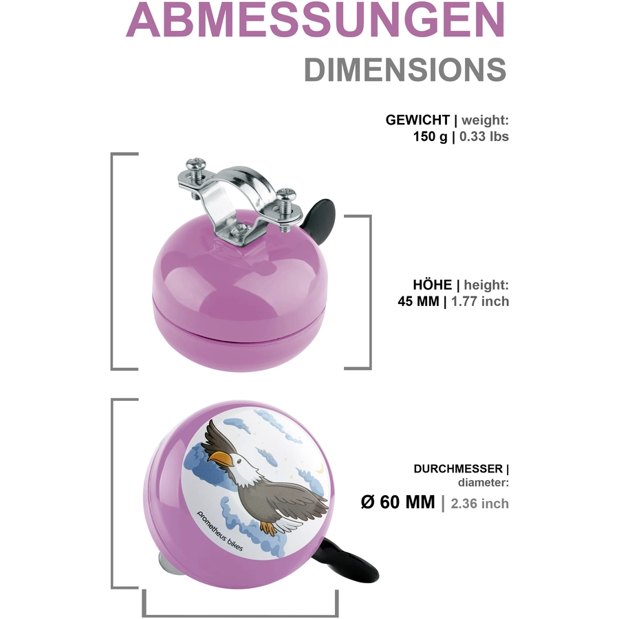 PROMETHEUS BICYCLES® Klingel für Kinder - Ding Dong Kinder-Fahrrad-Glocke - 60 mm - Links Montage, Rosa