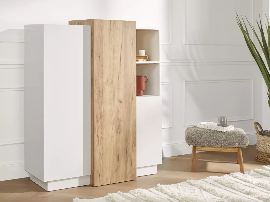 Buffet haut FRANCOLI - 3 portes et 2 niches - Blanc et chêne