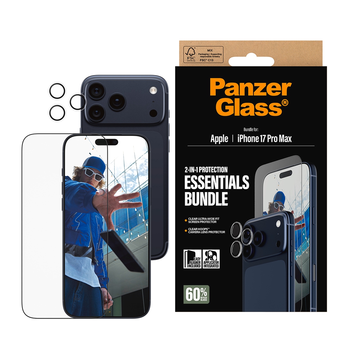 CARE by PanzerGlass Displayschutzglas »2-in-1 Protection Essentials Bundle« für Apple iPhone 17 Pro Max Displayschutzfolie, Schutzfolie, Bildschirmschutz, kratz- & stossfest
