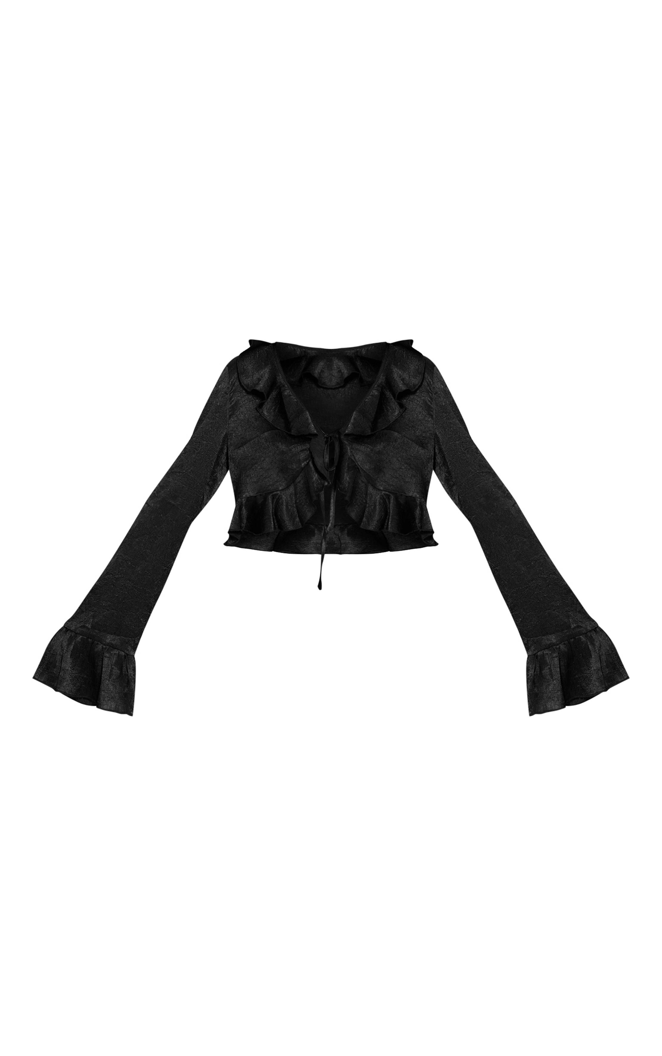 Noir Top Court En Satin Texturé À Volants Avec Fermeture À Nouer Devant