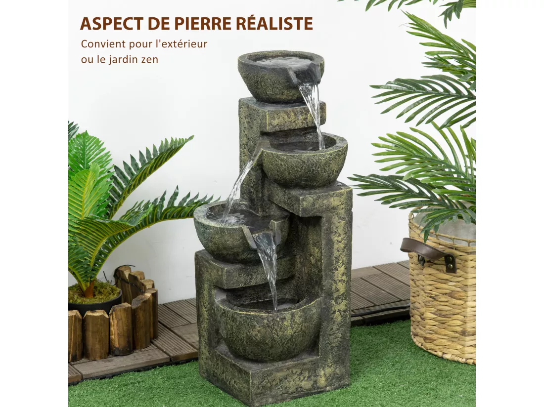 Fontaine de jardin cascade 4 pots débit réglable pompe à eau submersible incluse résine noir bronze vieilli