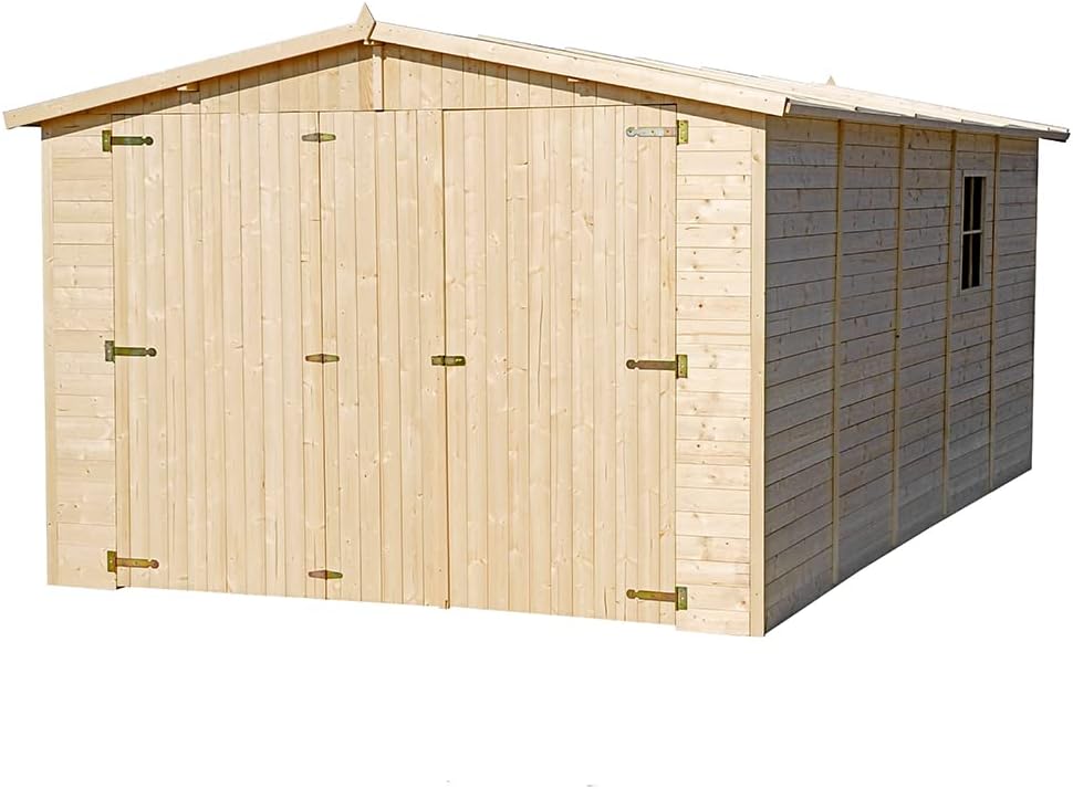 TIMBELA M101 Holzgarage - Abstellraum mit Fenstern - H222x516x324 cm/15 m² Shiplap-Schuppen aus Naturholz - Gartenwerkstatt - Auto- und Geräteschuppen