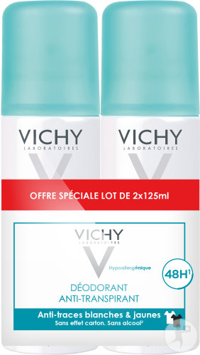 Vichy Aérosol Déodorant Anti-Transpirant 48h Anti-Traces Blanches-Jaunes Anti-Effet Carton 2x125ml