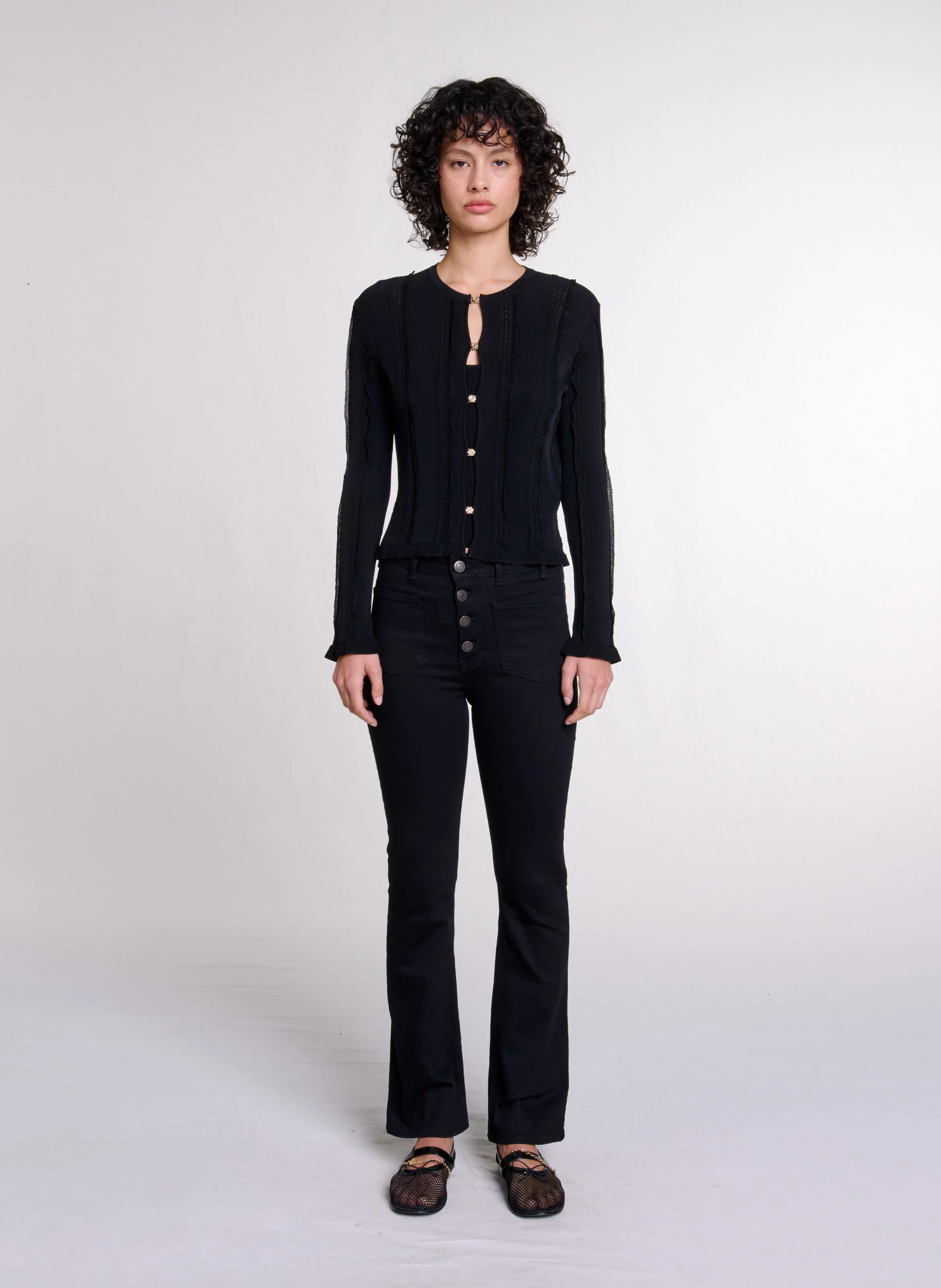 Cardigan droit col rond en maille ajourée | Noir