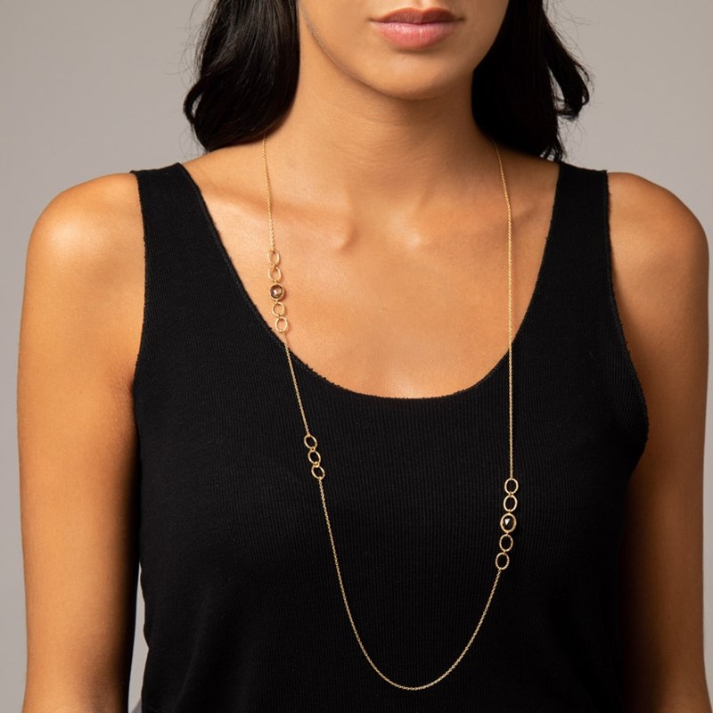 Collier Sautoir Argent Doré Pierres Quartz Fumé