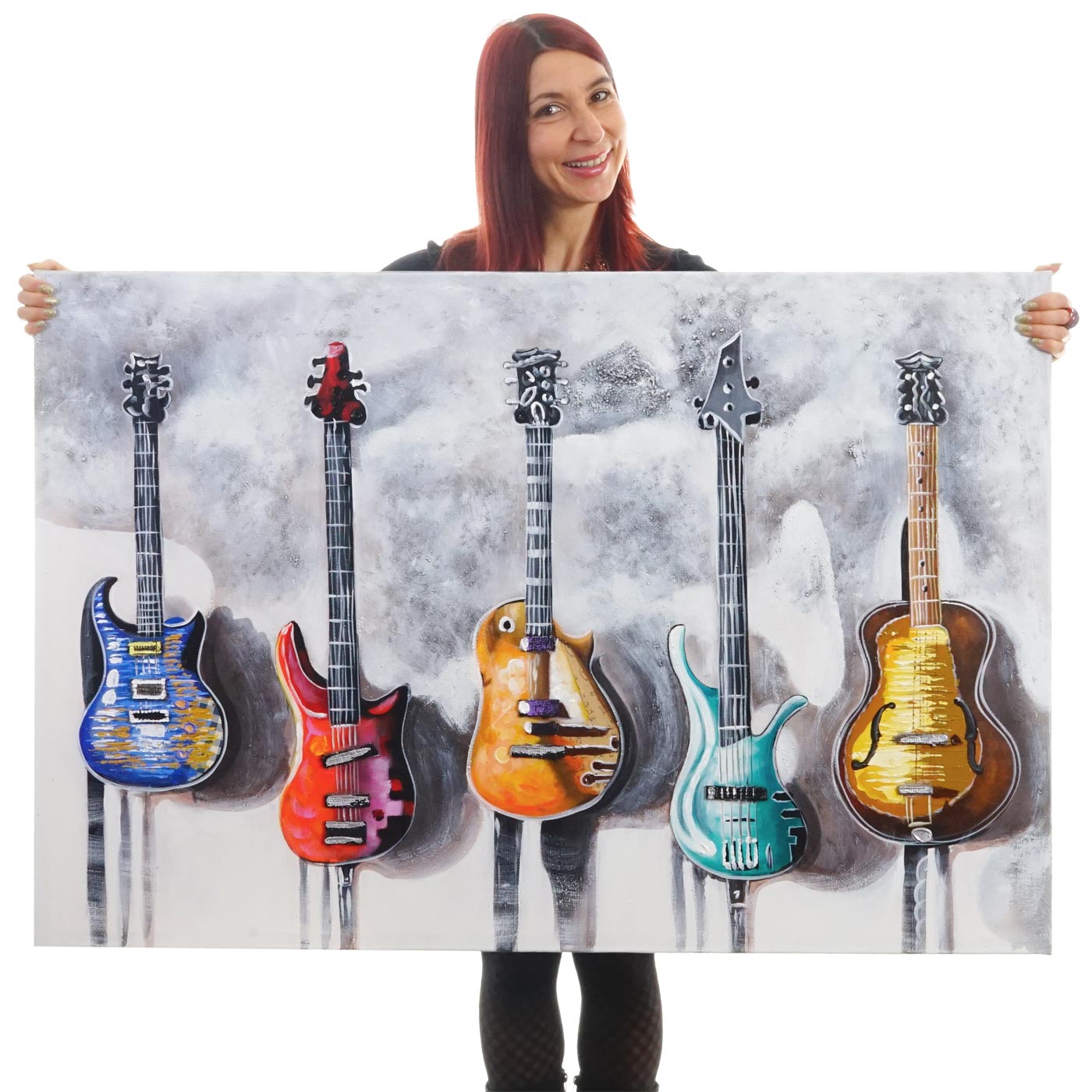 Wandbild Gitarren, 100% handgemaltes Ölgemälde 3D-Bild Gemälde XL, 120x80cm