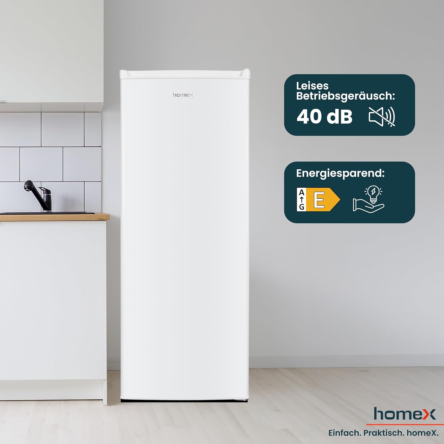 homeX Gefrierschrank, Tiefkühlschrank groß - 168L Nutzinhalt, 4-Sterne Gefrieren, XXL Freezer, Gefrierschränke freistehend, Temperaturregelung, wechselbarer Türanschlag, leise 40 dB, Gefriergerät weiß