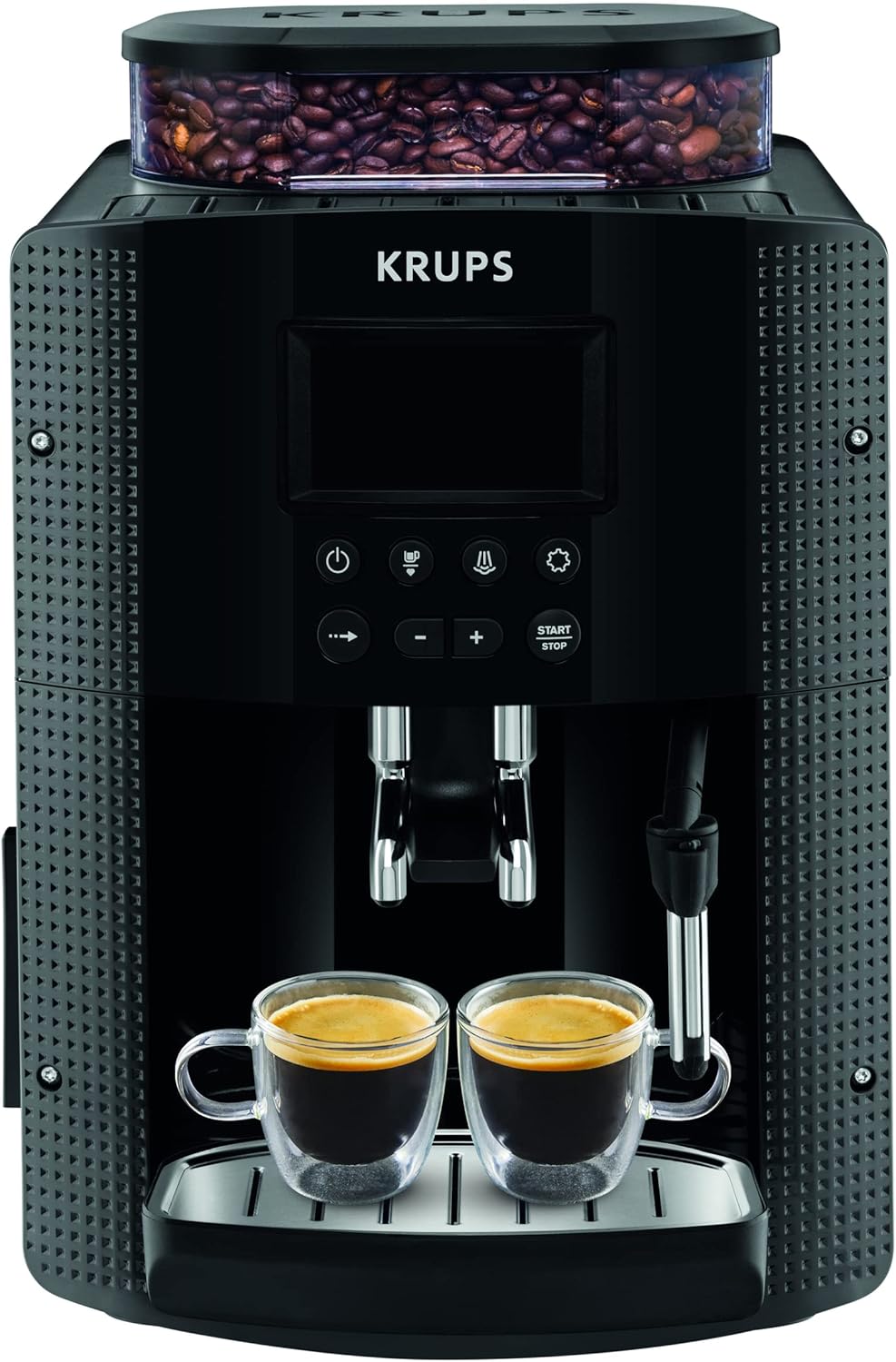 Krups Machine à café grain, 2 expressos simultanés, Ecran LCD, Cafetière espresso compacte, Nettoyage automatique, Buse vapeur pour Cappuccino, Essential noire YY8135FD, Noir