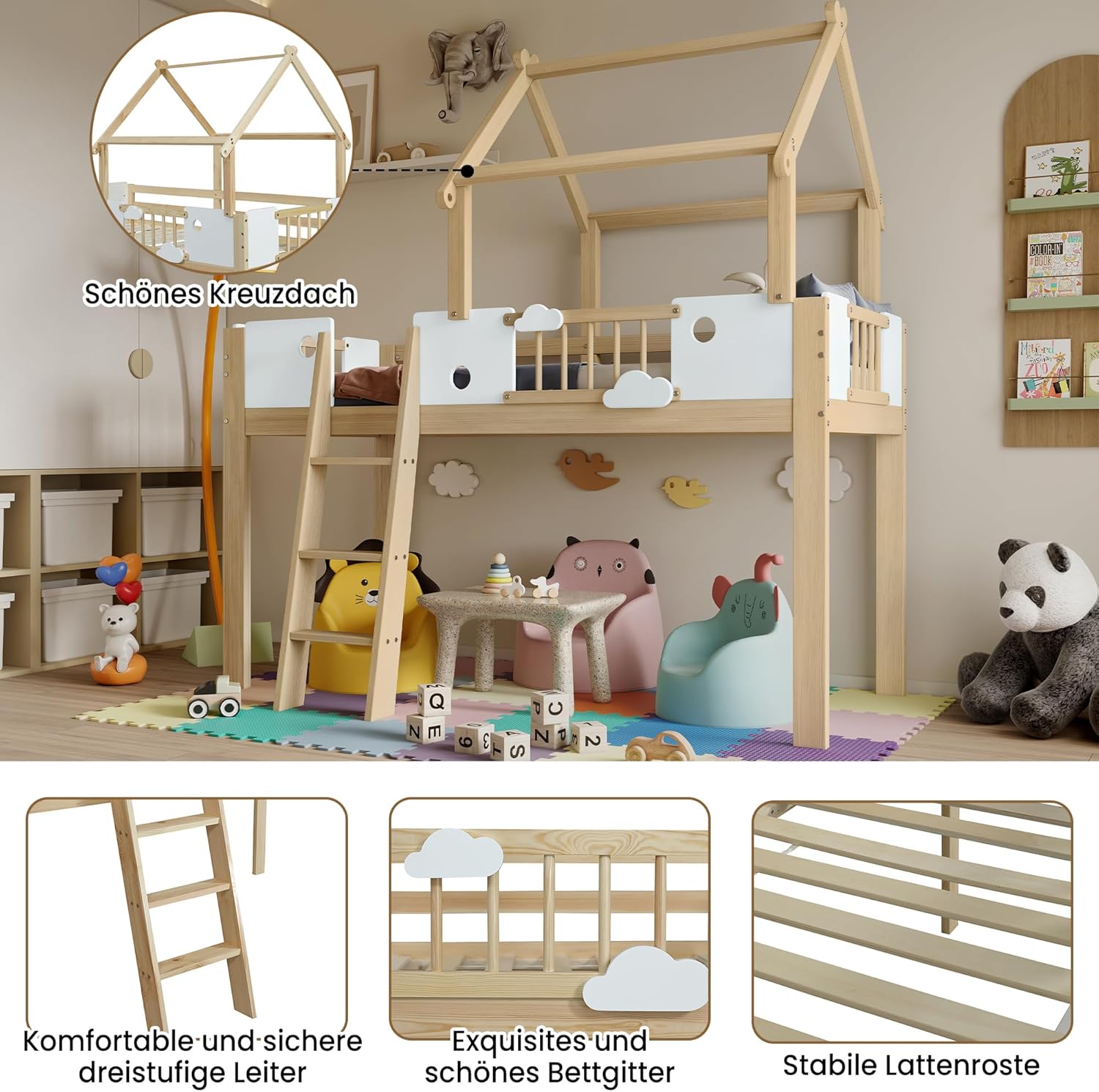 Merax Hochbett 90x200cm für Kinder, Etagenbett Kinderbett mit Fallschutz & Lattenrost, Hausbett mit Dreistufige Schrägleiter, Einzigartiges Dachdesign, Platzsparendes Stockbett, Kiefer+MDF, Natur&Weiß