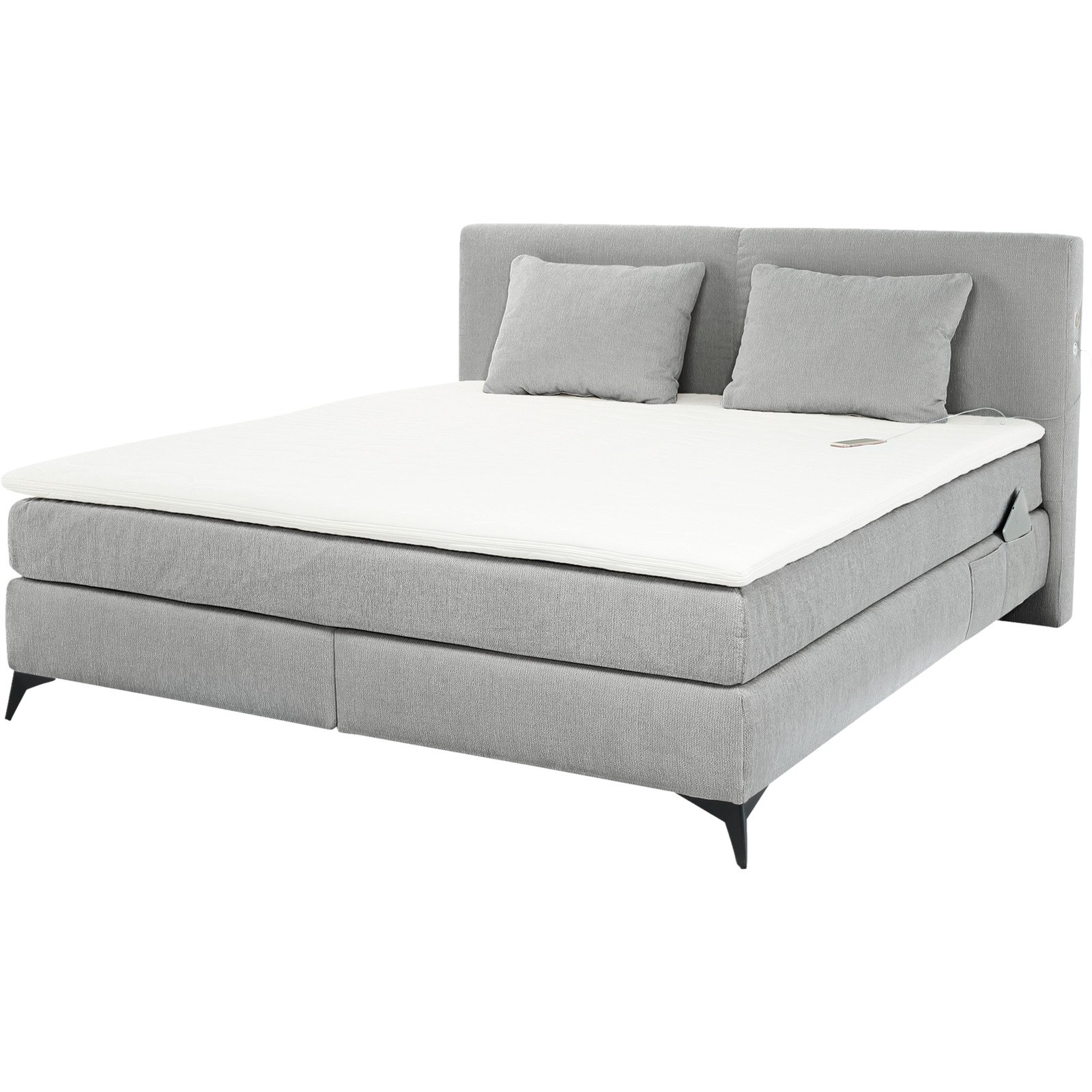 Boxspringbett Kira, Stoff Chenille, 180 x 200 cm, mit LED-Unterflurbeleuchtung mittelgrau