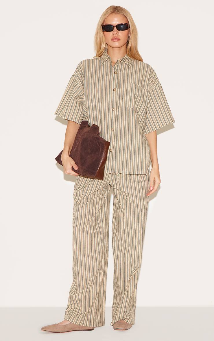 Vert Chemise Oversize À Manches Courtes À Fines Rayures
