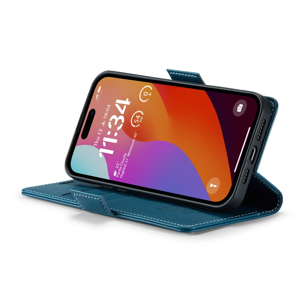 iPhone 16 Pro Max Leder Tasche Flip Wallet Etui mit Kartenfächern Litchi Look (RFID Schutz) - Blaugrün