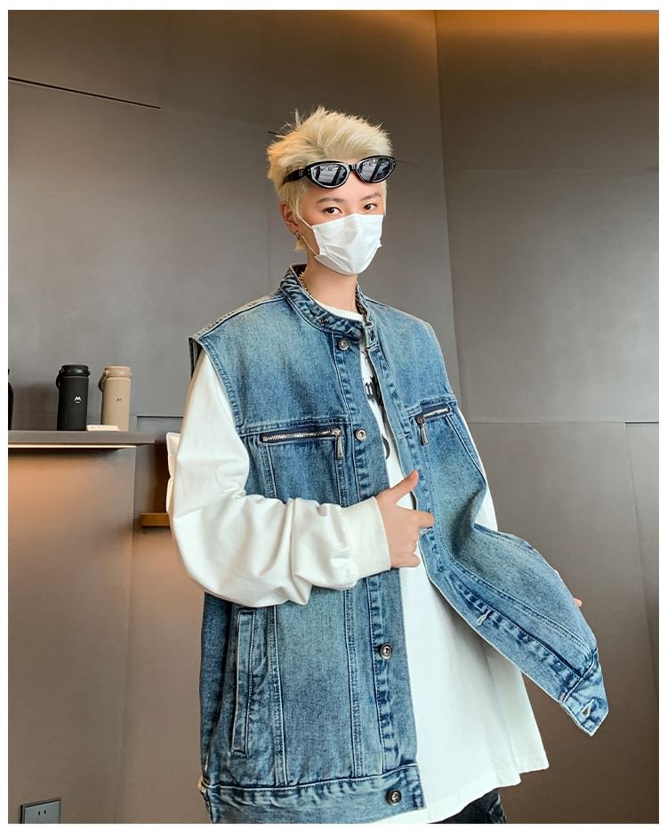 Hushgrain - Denim vest met opstaande kraag en knoopjes