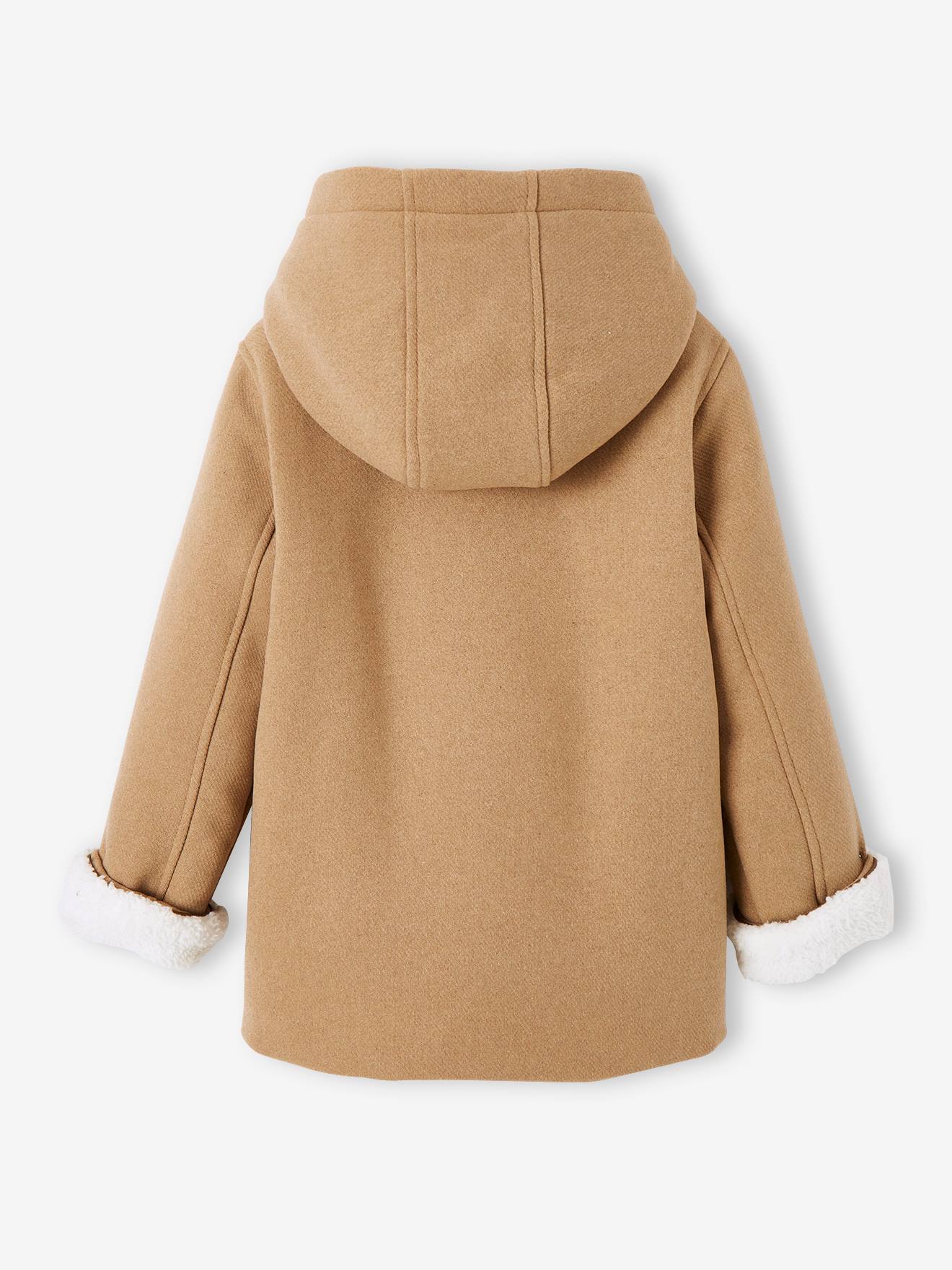 Casaco com capuz em lã com forro de sherpa, para meninas, bege médio liso com motivos.