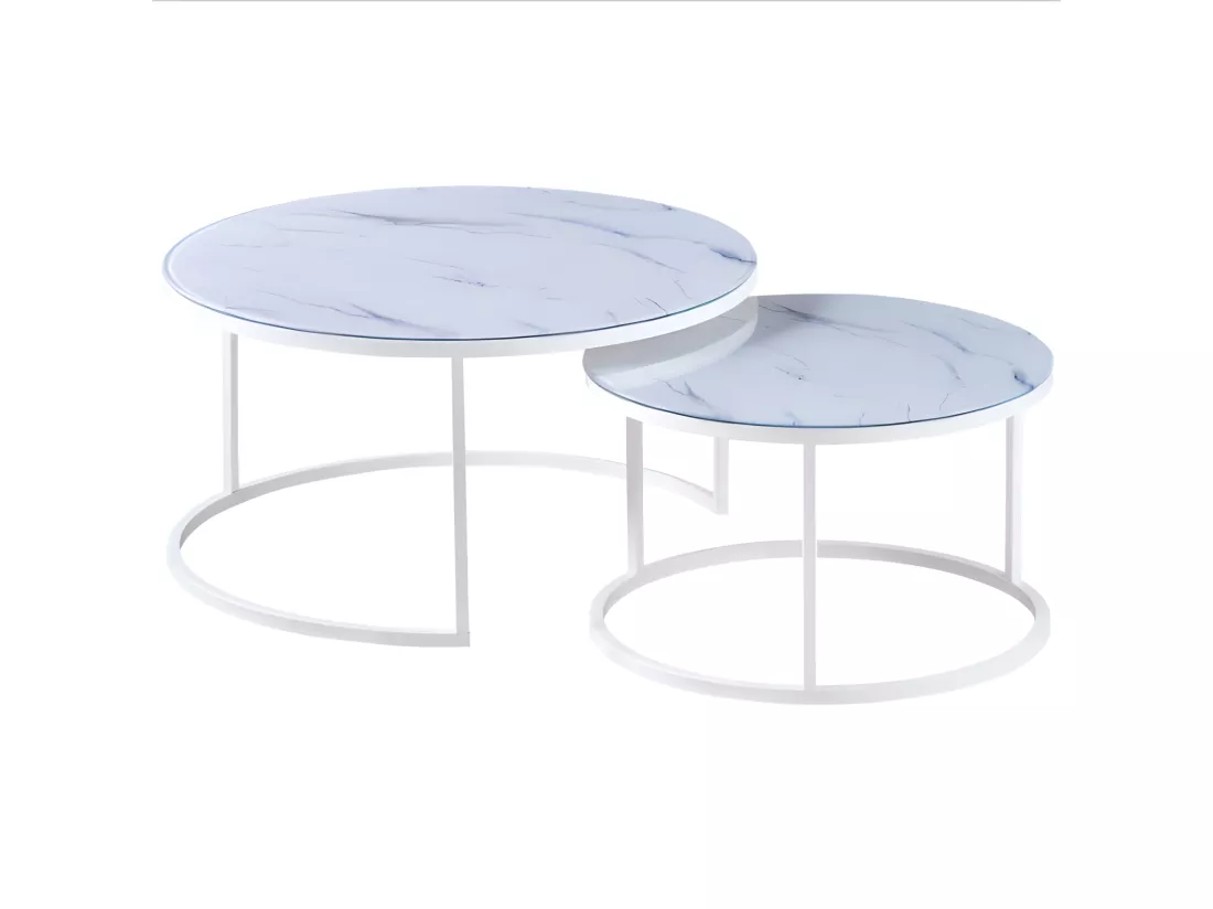 Lot de 2 tables basses gigogne arto inox verre effet marbre blanc