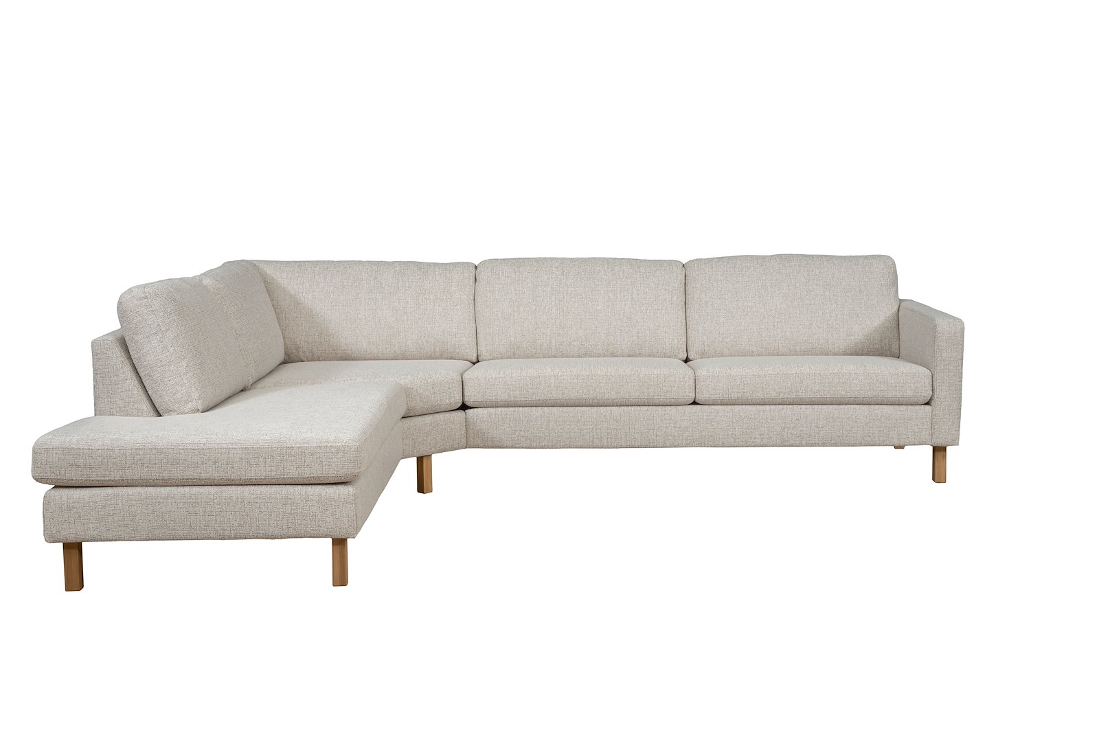 Mandal hjørnesofa Oppsett RVB. 3-seter med åpen ende venstre. Big hjørnemodul. Tekstil Nivus 203 Lin Creme. Arm 16, Duo puter, Firkantet ben 16 cm Natur. Skum
