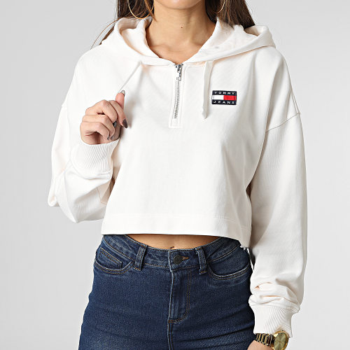 Sweat Col Zippé Capuche Crop Femme Badge 4865 Beige Clair
