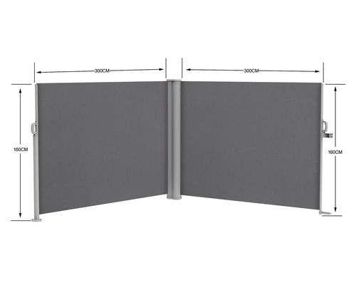 Dubbele zijluifel, uitschuifbaar, 1,6x3x3 cm, doek effen antraciet, frame RAL 9006 wit aluminium met afneembare paal