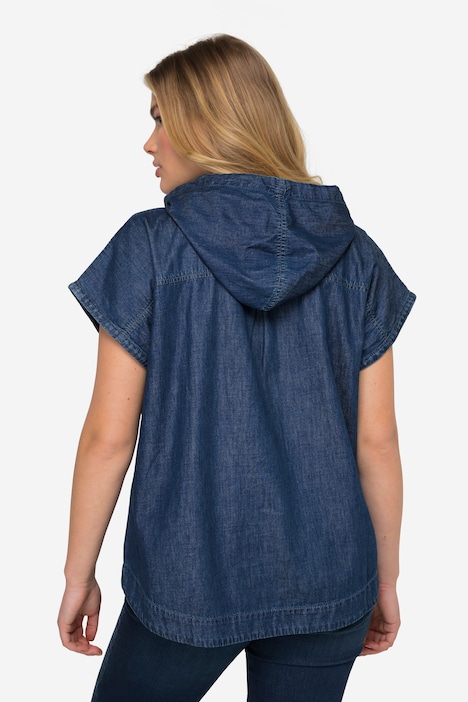 Jeansbluse, Kapuze, V-Ausschnitt