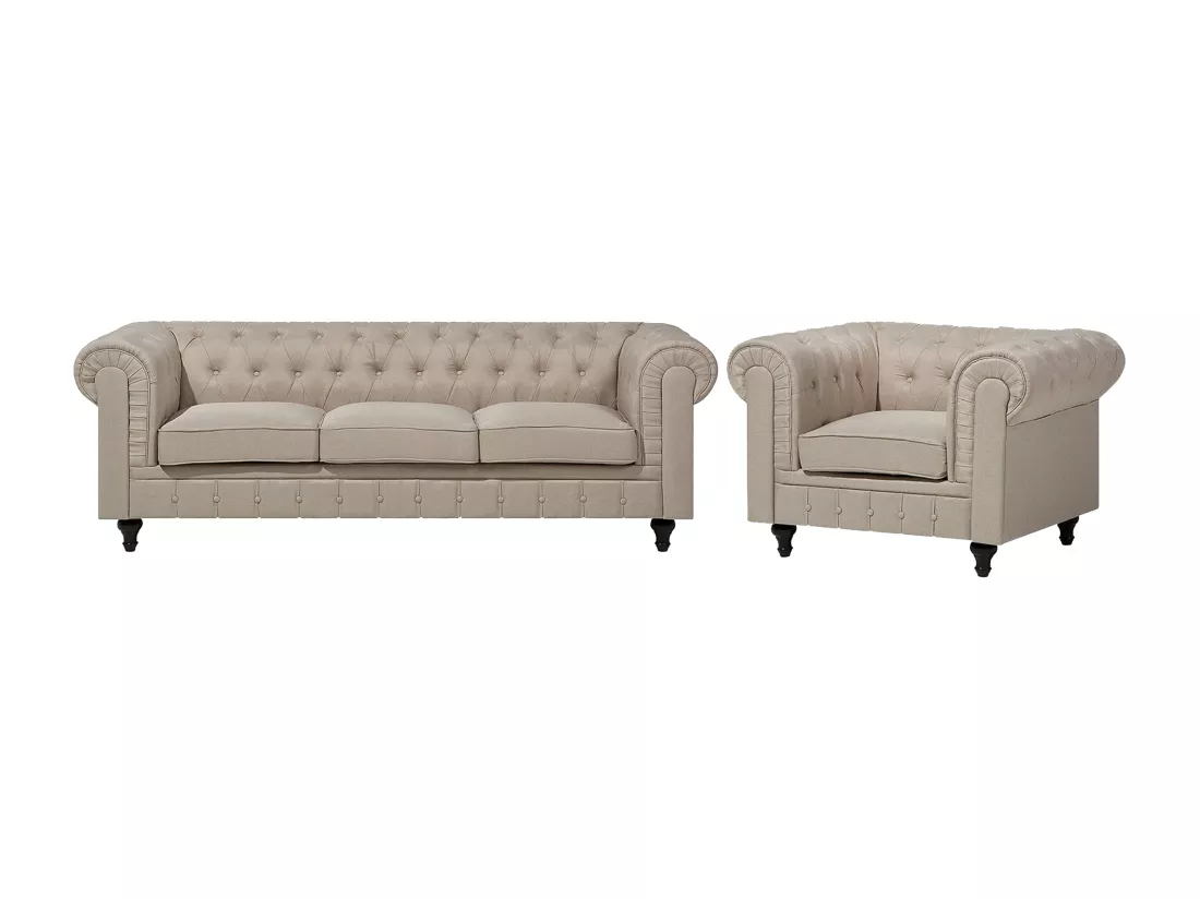 Ensemble canapé et fauteuil en tissu beige 4 places CHESTERFIELD Big