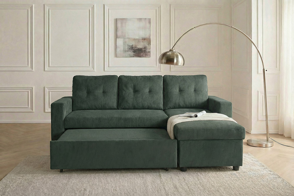 Modernes Ecksofa APARTMENT 205cm grün Cord 3-Sitzer mit Bettfunktion und Stauraum
