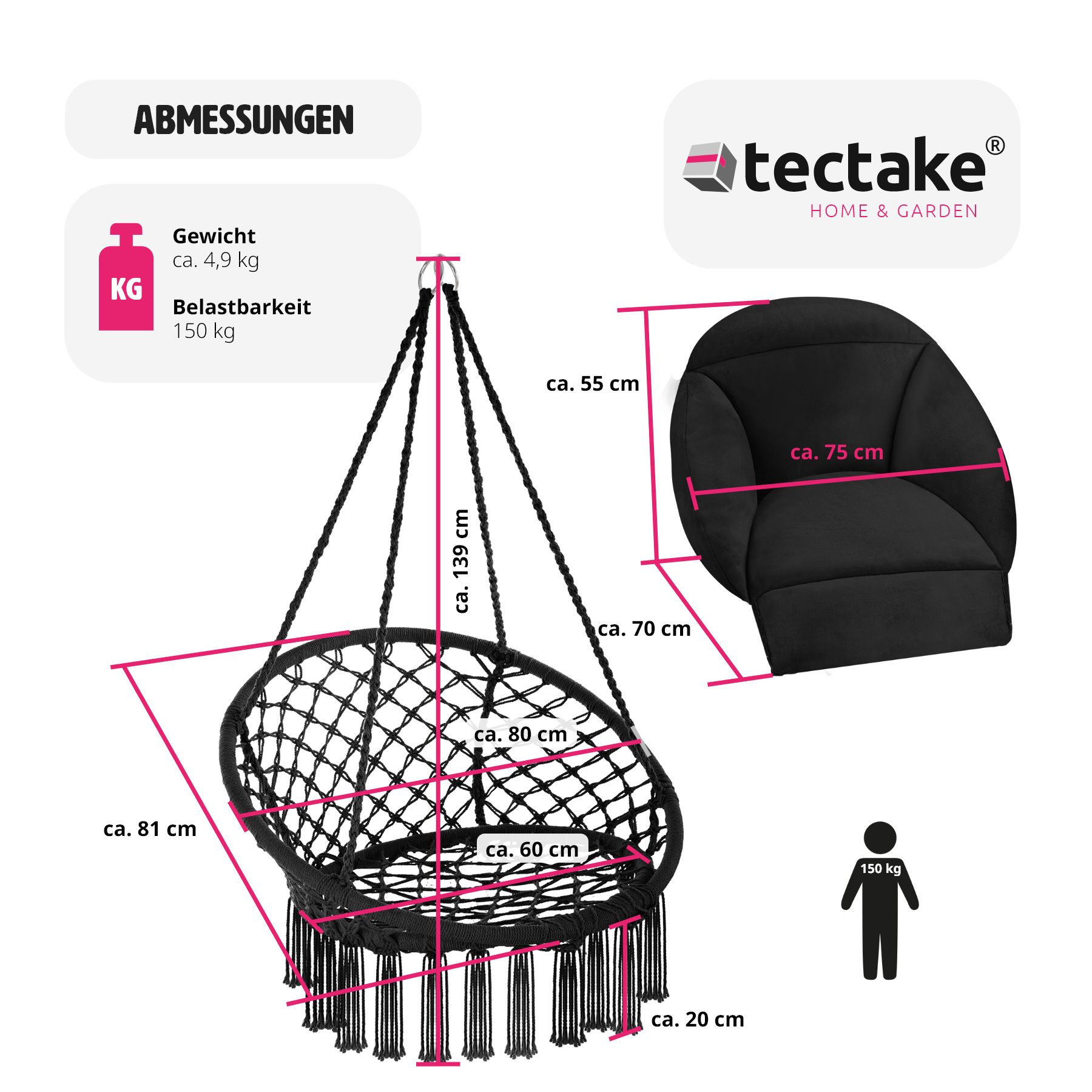 tectake® Hängesessel, mit dickem Sitzkissen, mit Zierquasten, 80 x 81 x 139 cm