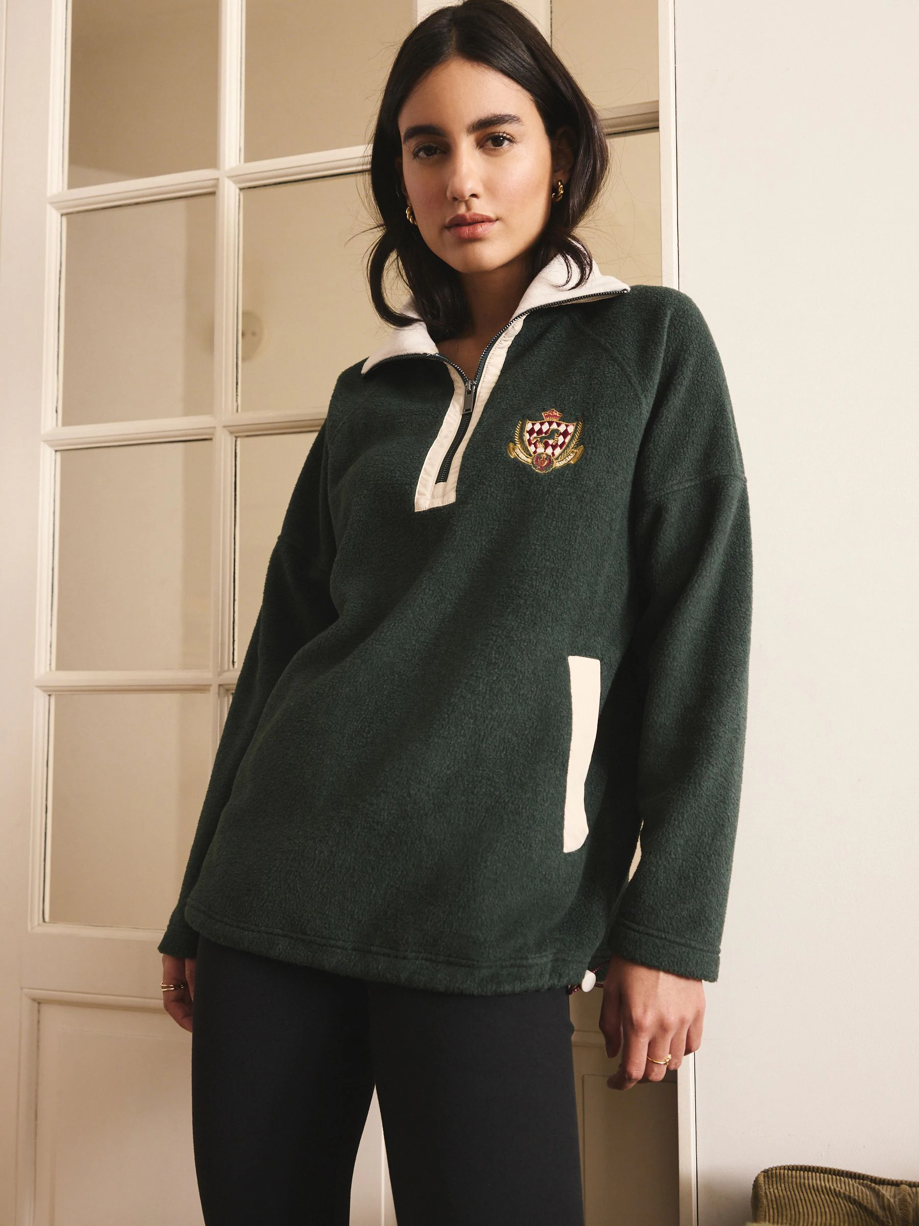 Groen/ecru - Fleece met rits tot aan de borst