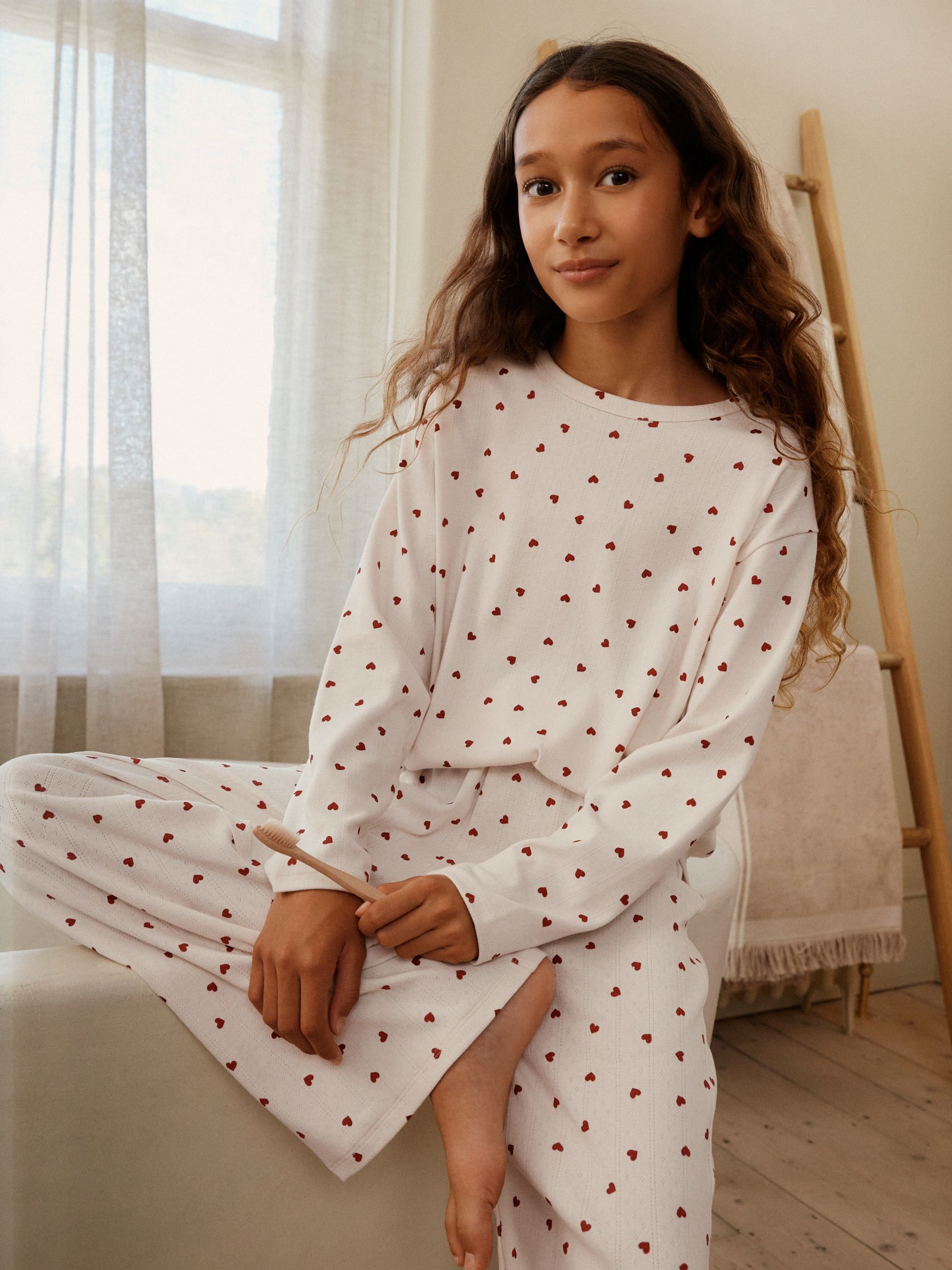 Ecru met hartenprint - Pointelle Pyjamas (2-16yrs)