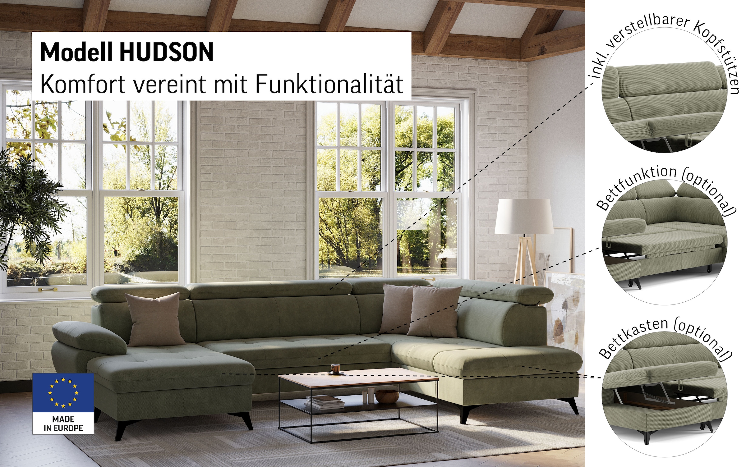 COTTA Wohnlandschaft »Hudson U-Form« mit Kopfteilverstellung, wahlweise mit Bettfunktion & Bettkasten