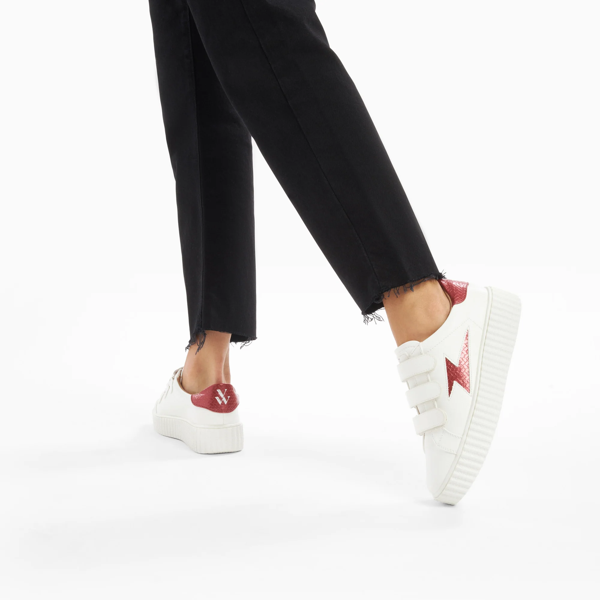 Sneakers-Baskets éclair Eva blanc et bordeaux serpent à scratchs