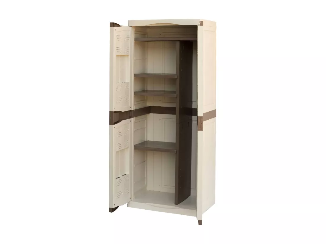 Armoire d'extérieur Avelgem, Armoire de balcon polyvalente, Armoire à balais 2 portes, 100% Made in Italy, 70x47h178 cm, Beige et Marron, Finition élégante