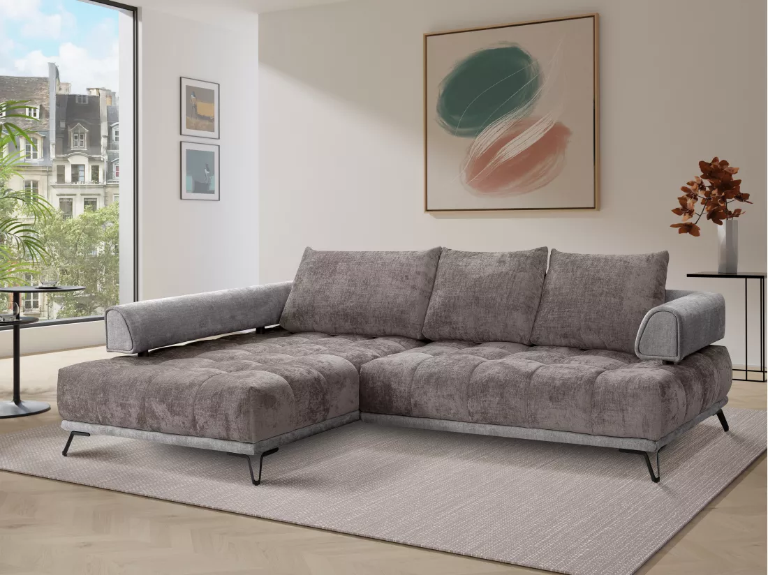 Canapé d'angle gauche en tissu et velours gris NIVORIA