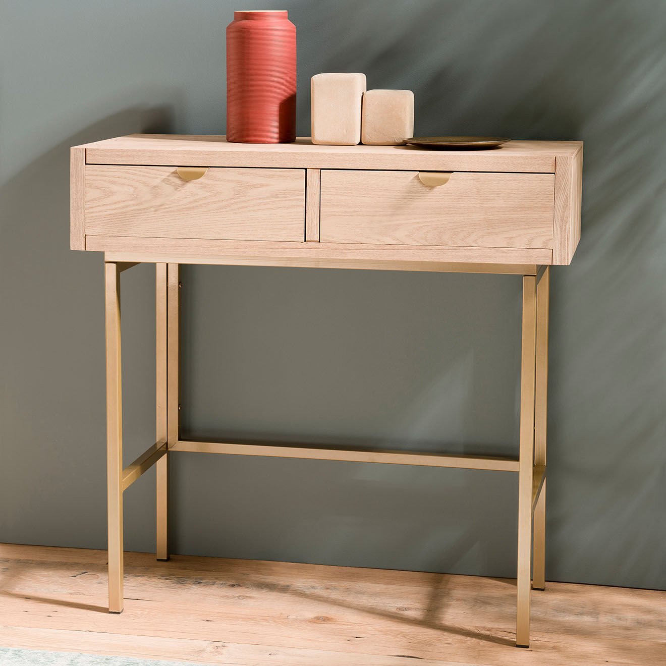 Macabane Console 2 tiroirs aline bois/dorée - 80x34x79 cm