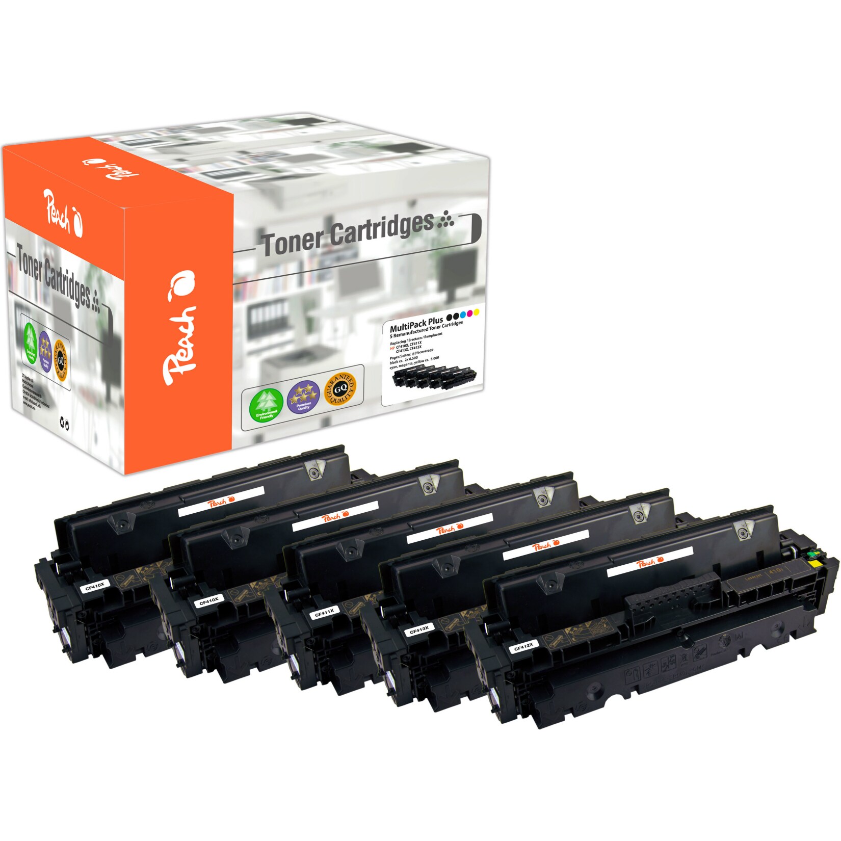 Peach HP 410 X 5 Toner XL (2*bk, c/m/y) ersetzt HP No. 410X, CF410X*2, CF411X, CF412X, CF413X für z.B. HP Color LaserJet Pro M 452 nw (wiederaufbereitet)