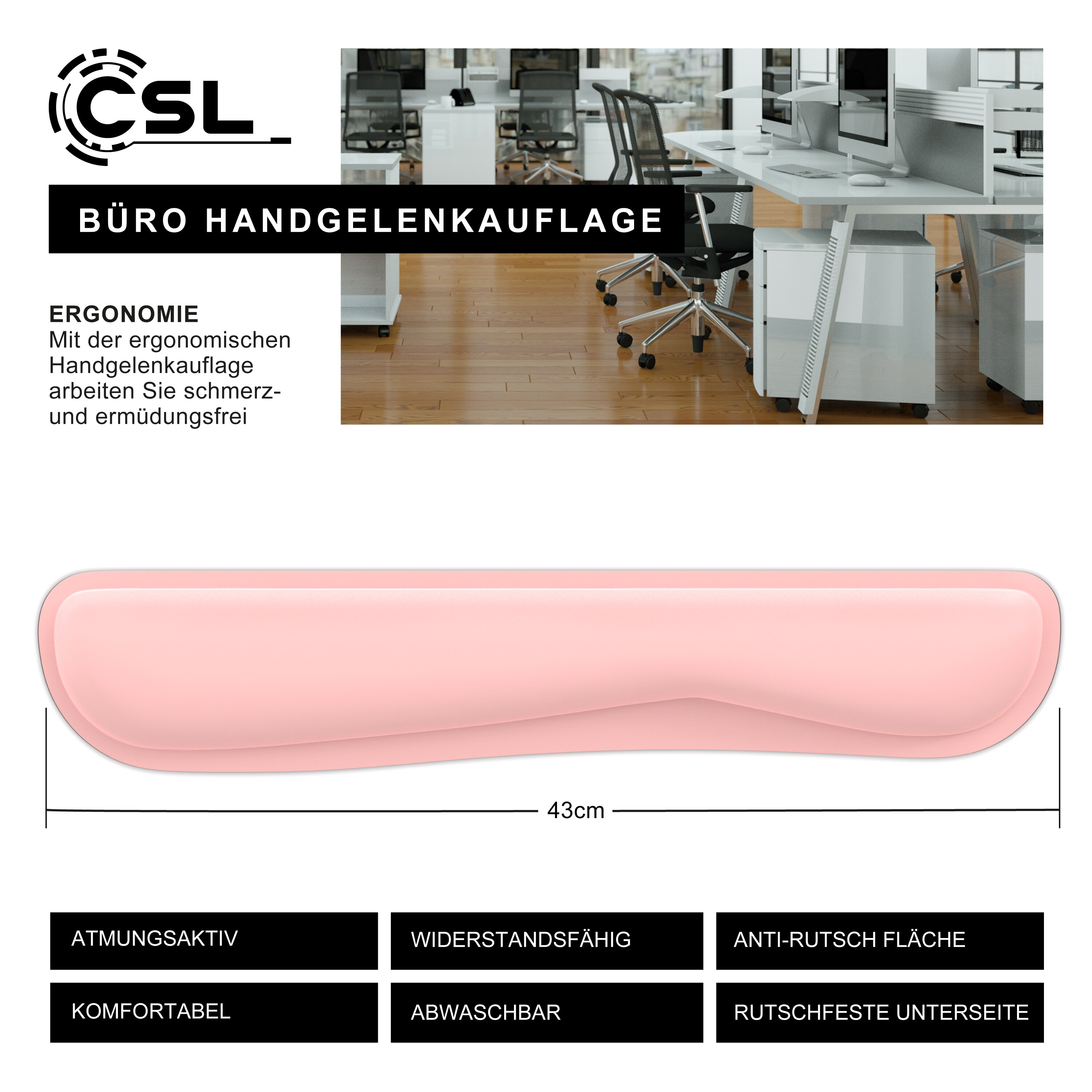 CSL Handgelenkauflage Tastatur Keyboard - Handballenauflage Handgelenkschoner - Maus und Tastatur - ergonomische Haltung - 43 cm - atmungsaktiv