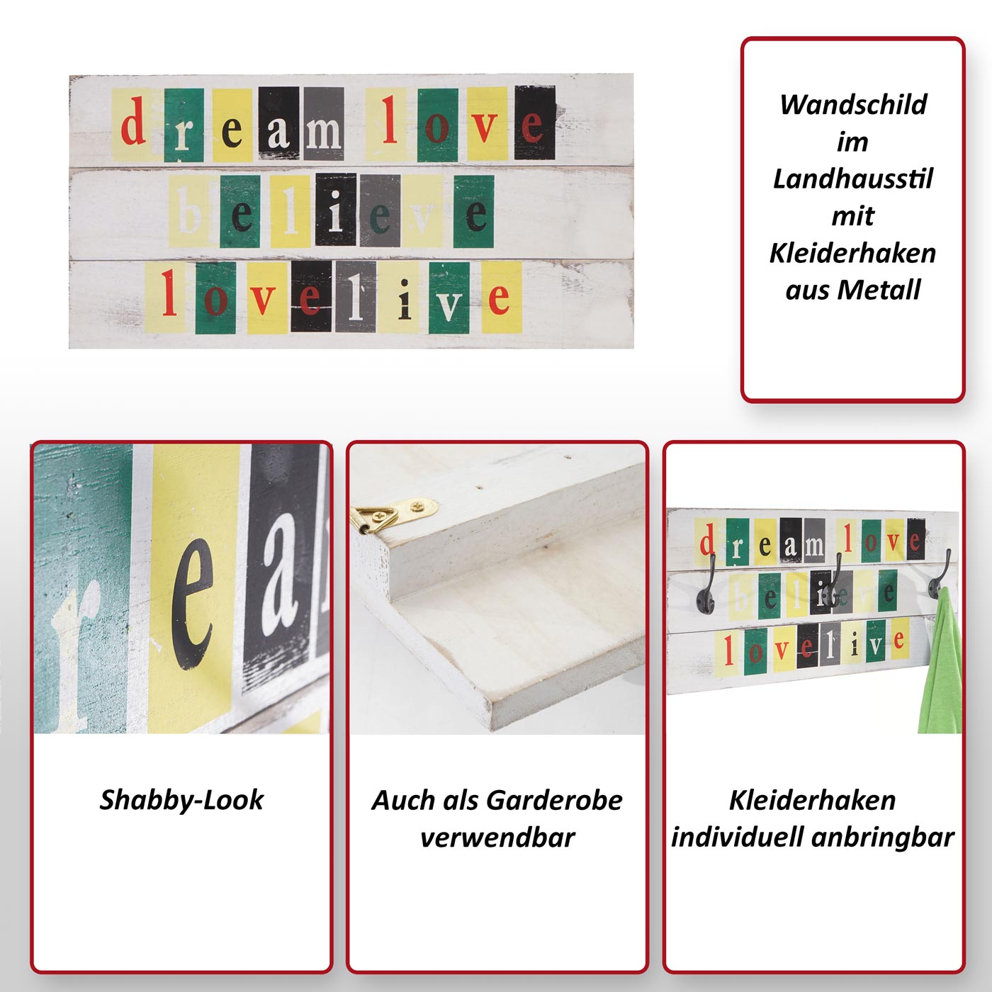 Wandschild Believe, Holzschild Dekoschild Schild, Shabby-Look Vintage mit 3 Haken 30x60cm