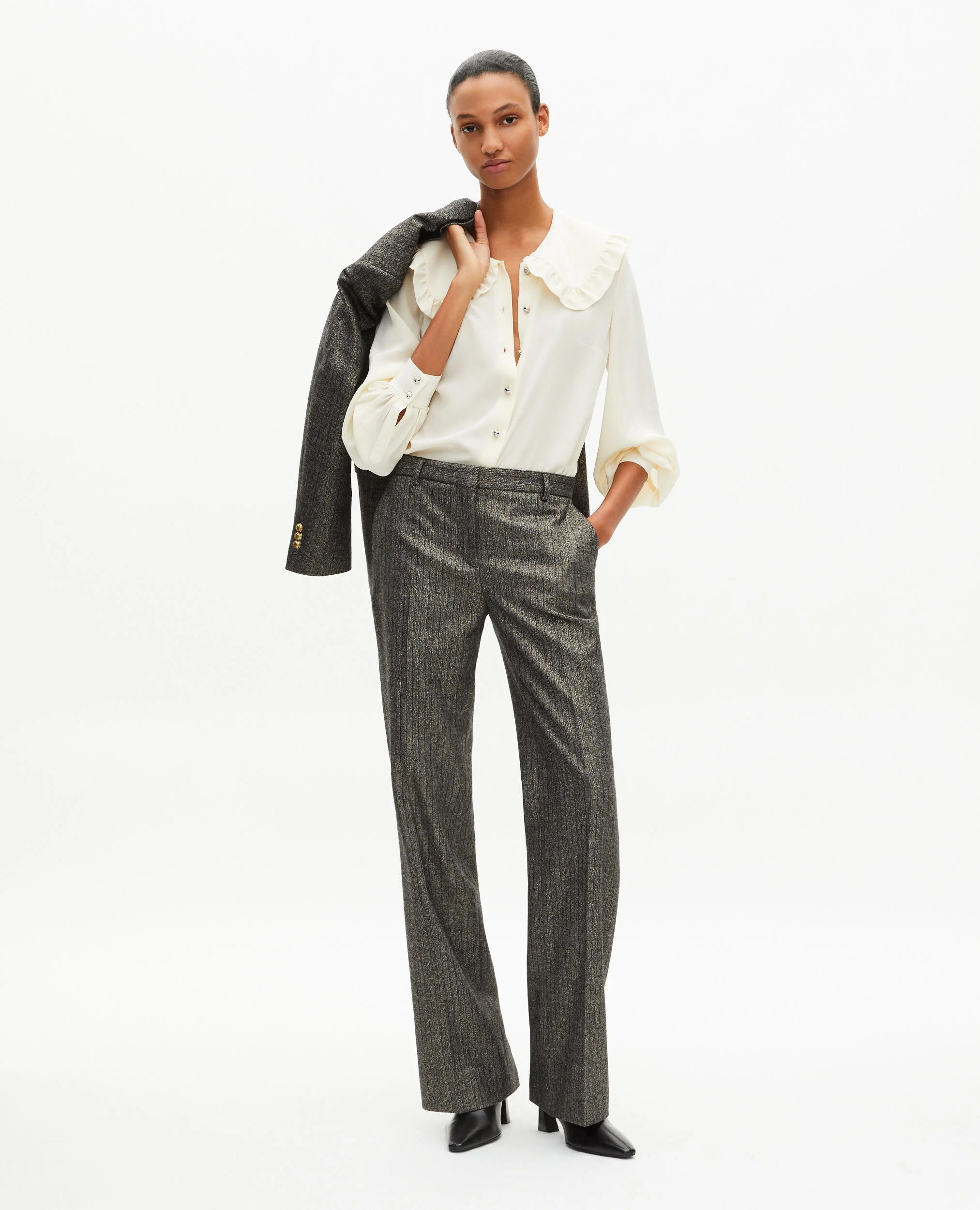 Pantalon tailleur droit à chevrons lurex doré et noir