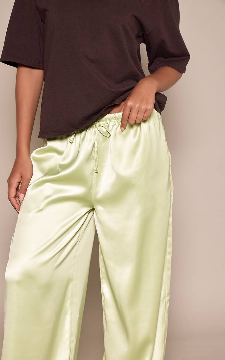 Vert Olive Pantalon Large En Satin À Cordon De Serrage